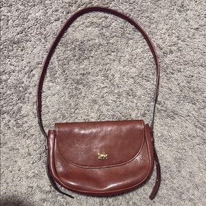Warm Brown Leather Crescent Shoulder Bag with Flap